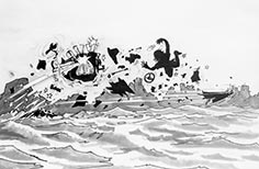 Cartoon illustration of boat explosion with silhouette of person in the air.