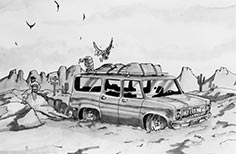 Cartoon illustration of car in the desert with two vultures on top of it.