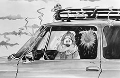 Cartoon illustration of animal hot inside a car.