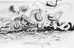 Cartoon illustration of person hovering above water while pool toys and a kite float around them.