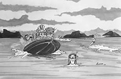 Cartoon illustration of people in a boat pulling a water skier while another person in a snorkel swims nearby.