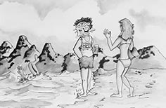 Cartoon illustration of woman in a bikini walking up and waving to man in a shirt that says Beer on it.