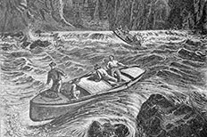 Artist rendering of four people on a boat in river rapids surrounded by steep mountains. 