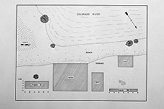 Drawing of a labeled plan site for Willow Beach Arizona showing the river, beach, terrace and trenches. 


