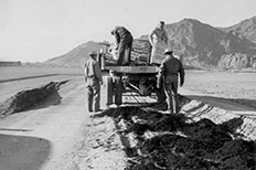 Men dumping bags of peat moss from flatbed truck.