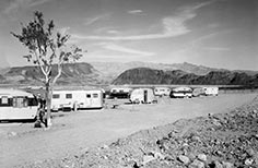 Camp trailers lined up beside the edge of a lake.