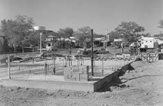 Construction site with building framework.