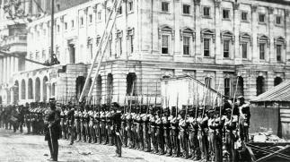 United States Soldiers in front of unfinished Capitol Building in Washington, D. C.