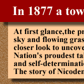 Text Banner in 3 slices: In 1877, a town rose from the Kansas prairie. At first glance, the prairie seems all sky and flowing grasses. Take a closer look to uncover one of our Nation's proudest tales of freedom and self-determination...The story of Nicodemus.