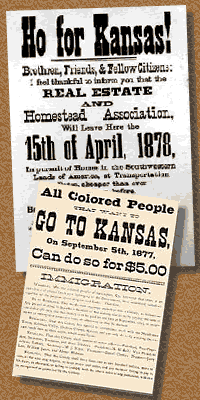 Two brochures promoting Kansas land availability to southern Black settlers. "All Colored People Go to Kansas, on September 5th, 1877, Can do so for $5.00!" boasts one. "Ho for Kansas!" begins the other. Both probably overstated the availability and condition of the land they wanted to sell.