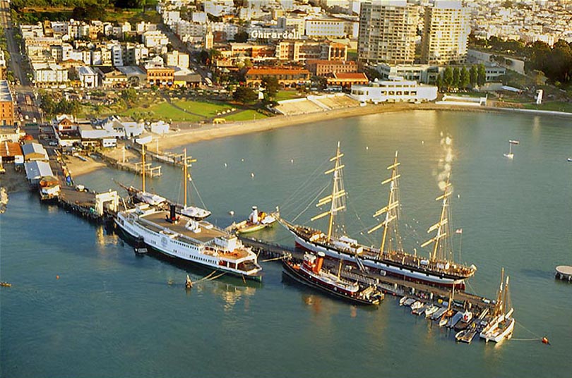 Aerial view of San Francisco Bay and the moored ships