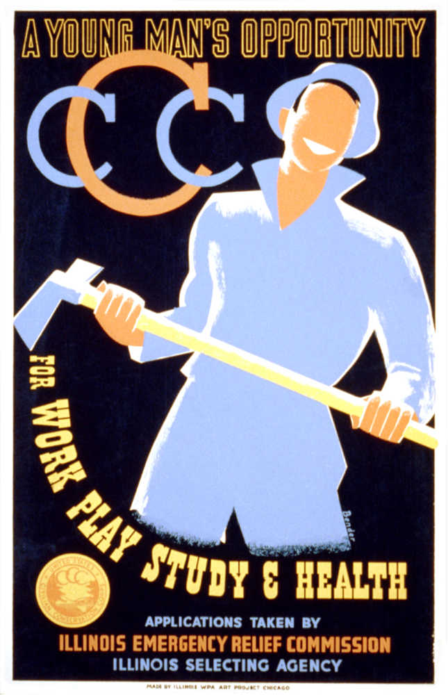 Civilian Conservation Corps poster containing various cartoon drawn youth scenes.
