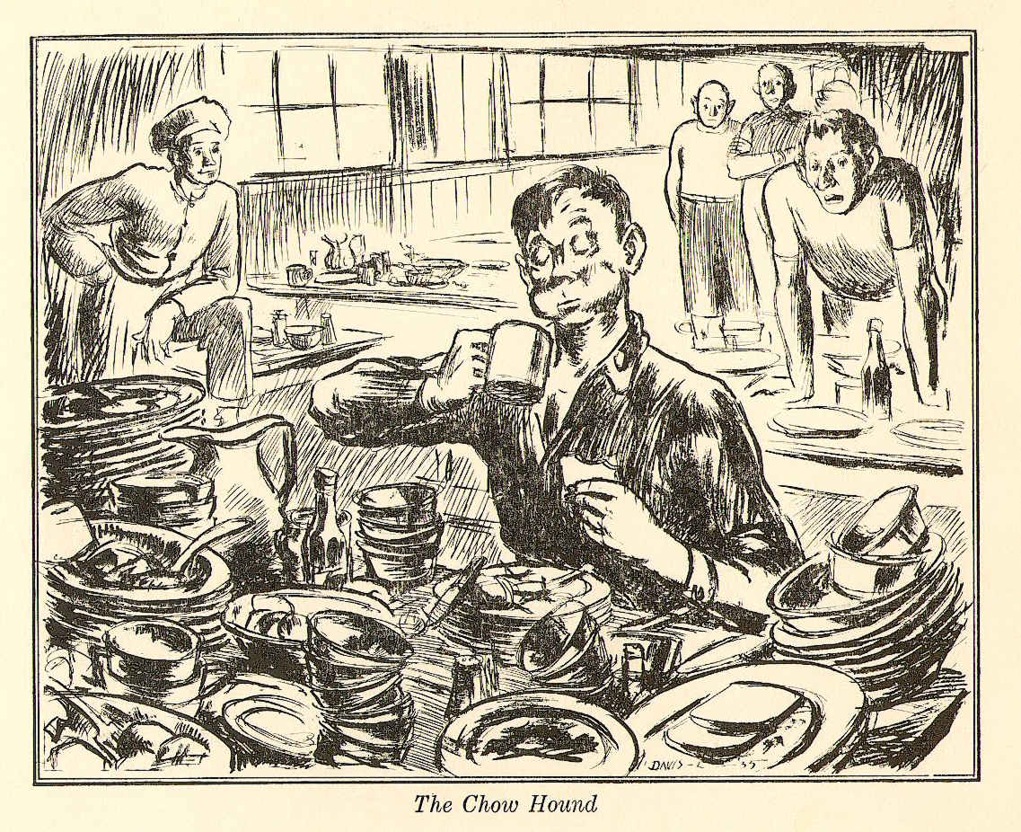 Illustration of a man eating at a table full of dishes.