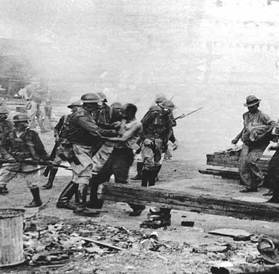 A Depression era riot with soldiers on the streets.