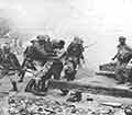 A Depression era riot with soldiers on the streets.