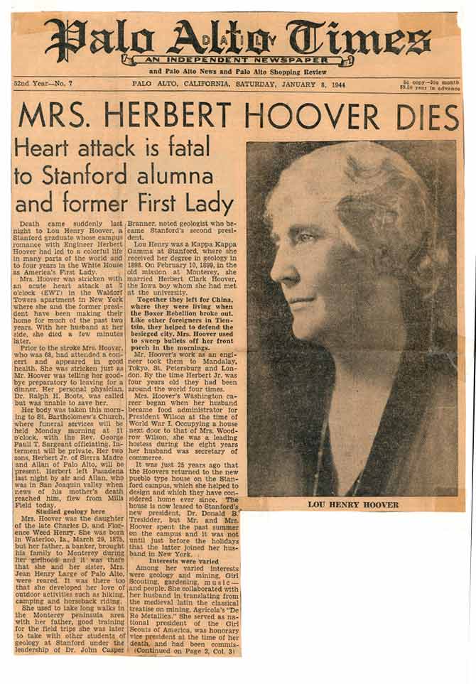 Palo Alto Times Newspaper headline, Mrs. Herbert Hoover Dies. Heart Attack is fatal to Stanford alumna and former First Lady.