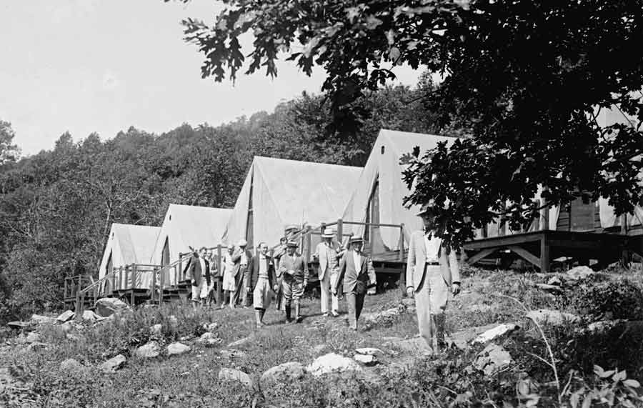 The original Five Tents, pitched on wooden platforms.