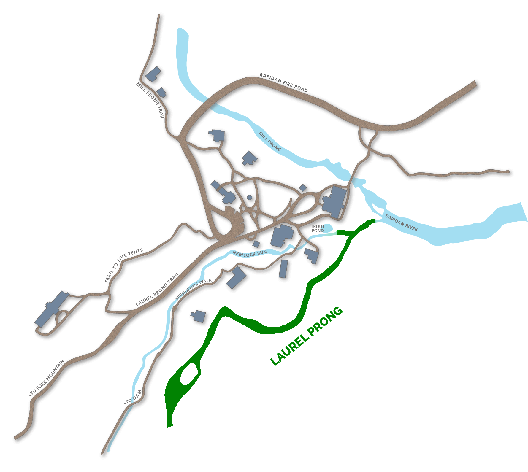 Map depicting the location of the Laurel Prong to the south of Radidan camp. It flows northeast to the Rapidan River.
