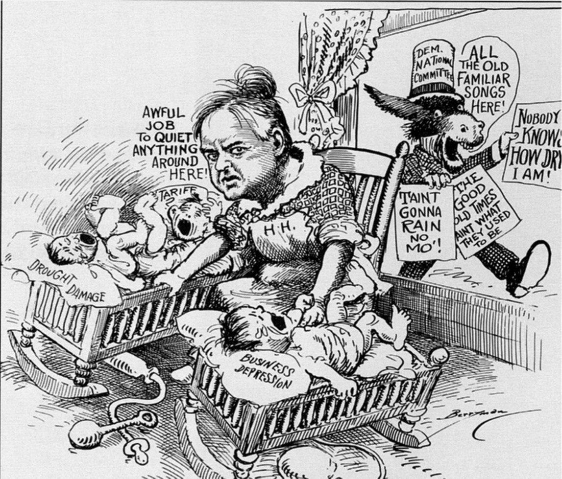 Political cartoon of Herbert Hoover rocking two babies.