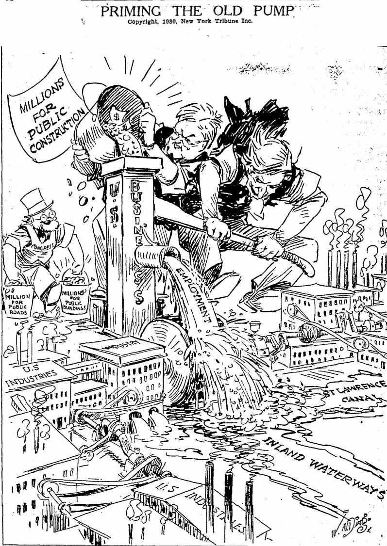 Political cartoon of Herbert Hoover, and company, pumping money into public works projects.