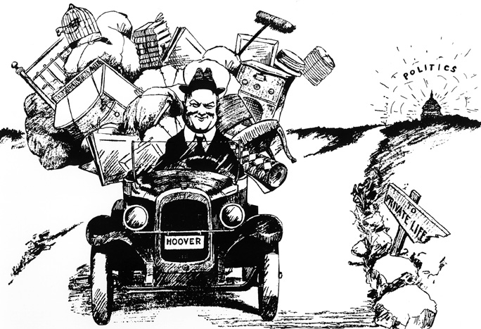 Cartoon of a smirking Herbert Hoover, with car piled high with luggage, leaving Washington politics for the private life at Rapidan Camp.