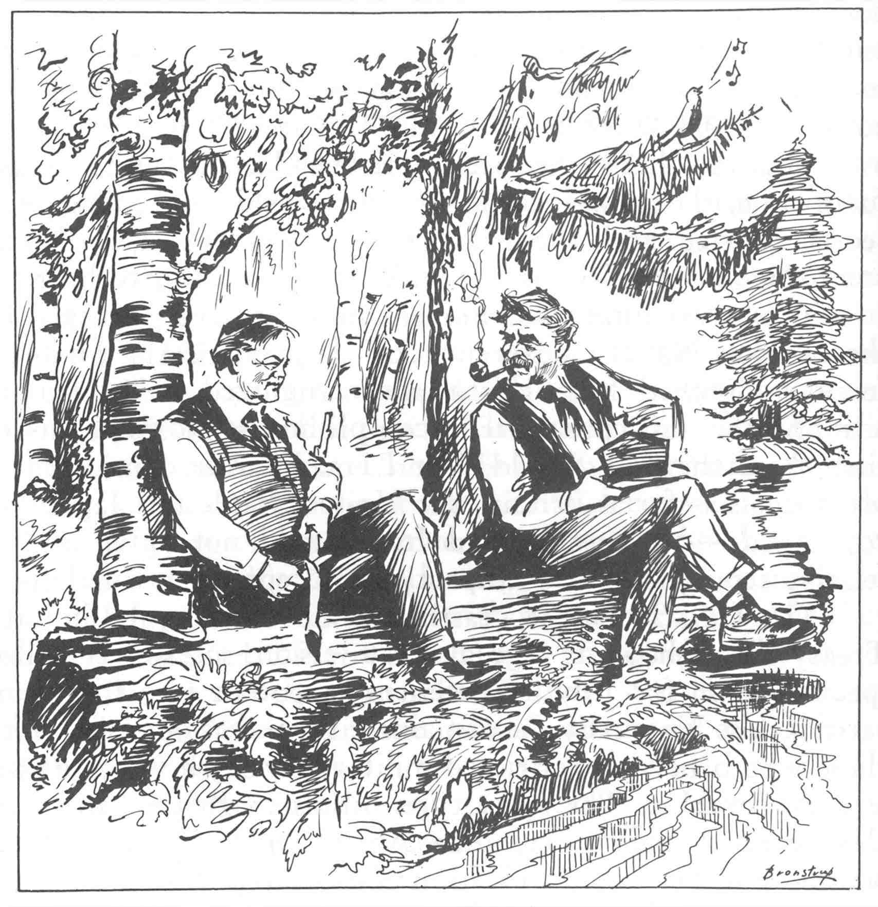 Illustration of Hoover and Prime Minister Ramsay MacDonald sitting on a log by the banks of a stream. Hoover is whittling a branch, and MacDonald is smoking a pipe.