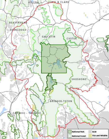 shows the boundaries of the 4 different types of protected land near and in Yellowstone, including National Park, National Forest, Bureau of Land Management, and Fish and Wildlife