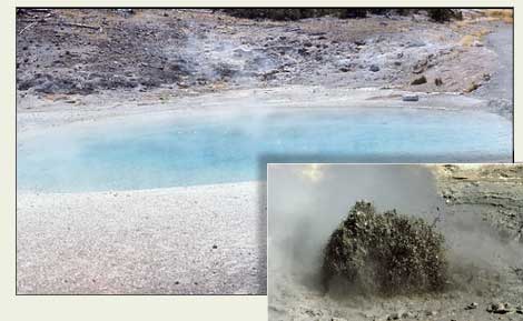 two photos show Congress Pool both calm and blue, and grey and  bubbling violently