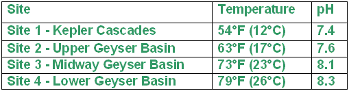 Chart showing temperature and pH values at four locations along Firehole River