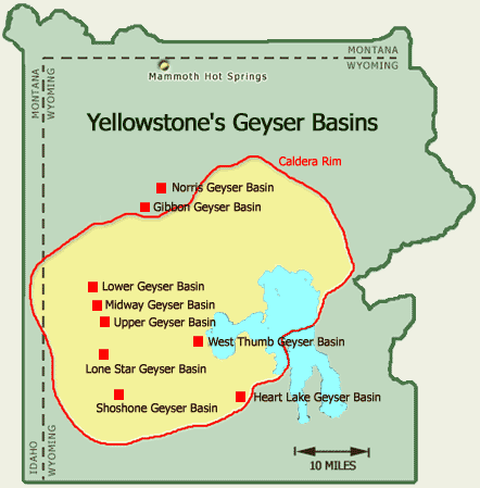 Map showing locations of the park's major geyser basins