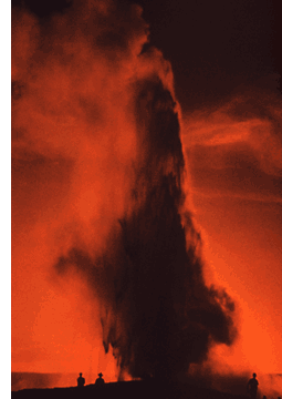a late evening eruption of Old Faithful as seen through a red fliter