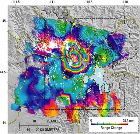 A multi-colored InSAR map shows changes in terrain eleveation over time.