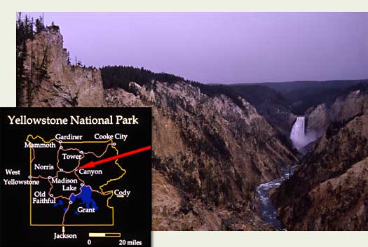 The Yellowstone River crashes over the brink of the canyon.