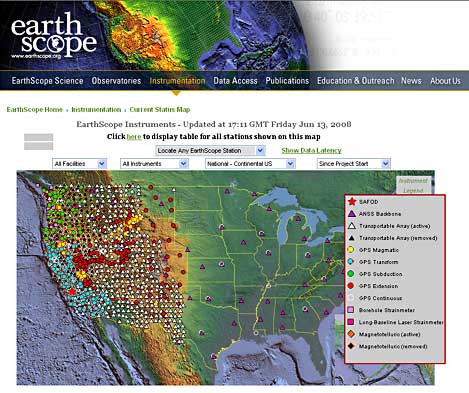 An Erthscope web page showing a map of minitoring stations throughout the United States
