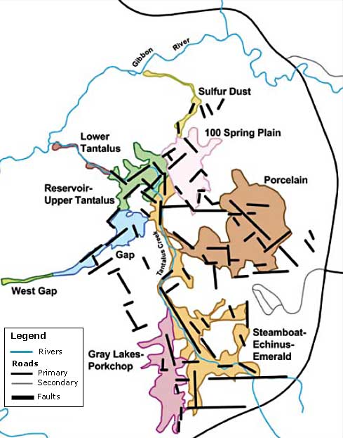 Map showing major fracture zones within Norris Geyser Basin.