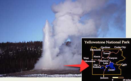Old Faithful Geyser erupts; a  map inset shows the location of the geyser within the park.