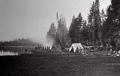 Members of the Hayden expidition set up camp on the shore of Yellowstone Lake