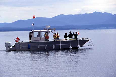 Researchers prepare to take soundings in Yellowstone Lake