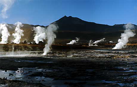 Geysers and hot springs steam high in the Andes Mountains.