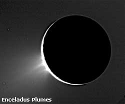 Plumes can be seen erupting from the surface of Enceladus