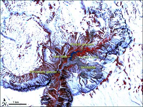 NASA satellite image of landslide in the geyser valley.