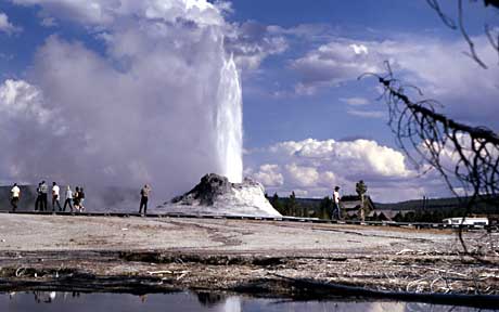 People watch Castle geyser erupt