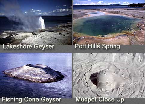Four features: Lake Shore Geyser, Fishing Cone Geyser, Pott Hills Spring, and close up of a mudpot