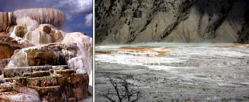 Two photos -- one of the sculptured travertine deposit that forms Minerva Terrace, and another of the mainterrace with Mt. Everts in the background