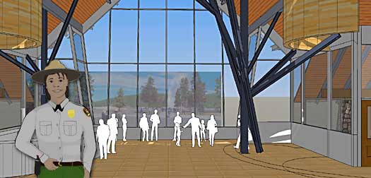 An artist's concept drawing of the lobby shows a park ranger and people taking in the view of Old Faithful erupting.