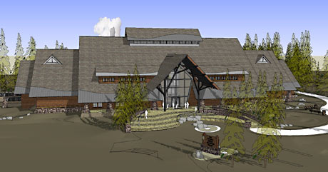 Architect's rendering of the front of the new Old Faithful Visitor Education Center