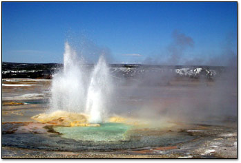 Clepsydra Geyser shoots twi jets of water into the air.