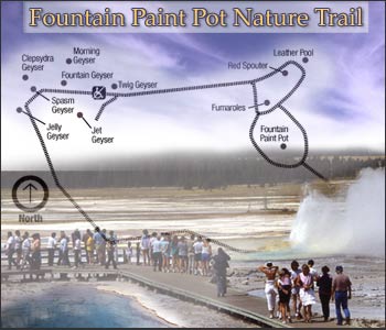Fountain Paint Pot Tour image showing trails and Clepsydra Geyser erupting.