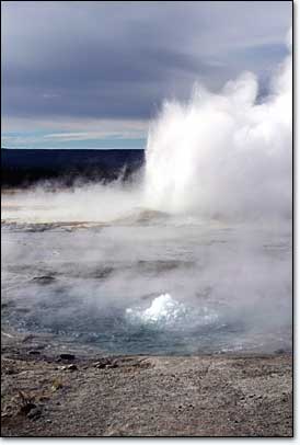 Spasm Geyser is off to a roiling, boiling start while Clepsydra, in the background, is erupting full force.