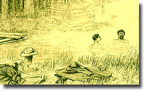 An old drawing in Yellowstone Illustrated depicts people soaking in Bathing Pool.